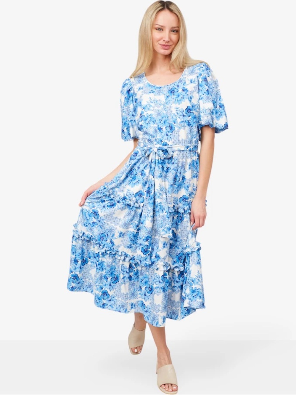 Mark & James Badgley Mischka Blue Floral Midi Dress with Tie Waist